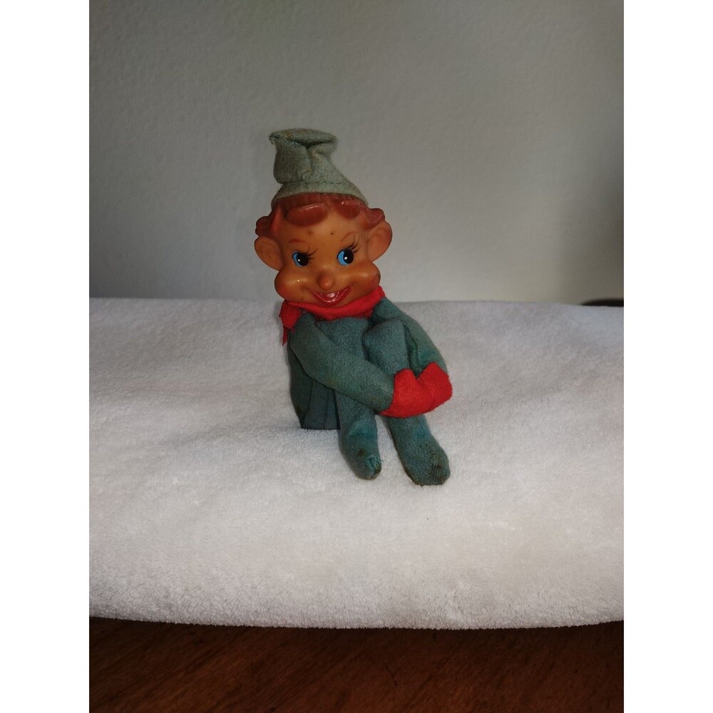 Vtg 1960s Knee-Hugger Pixie Elf Christmas Ornament Big Eyes Ears Red Green Japan